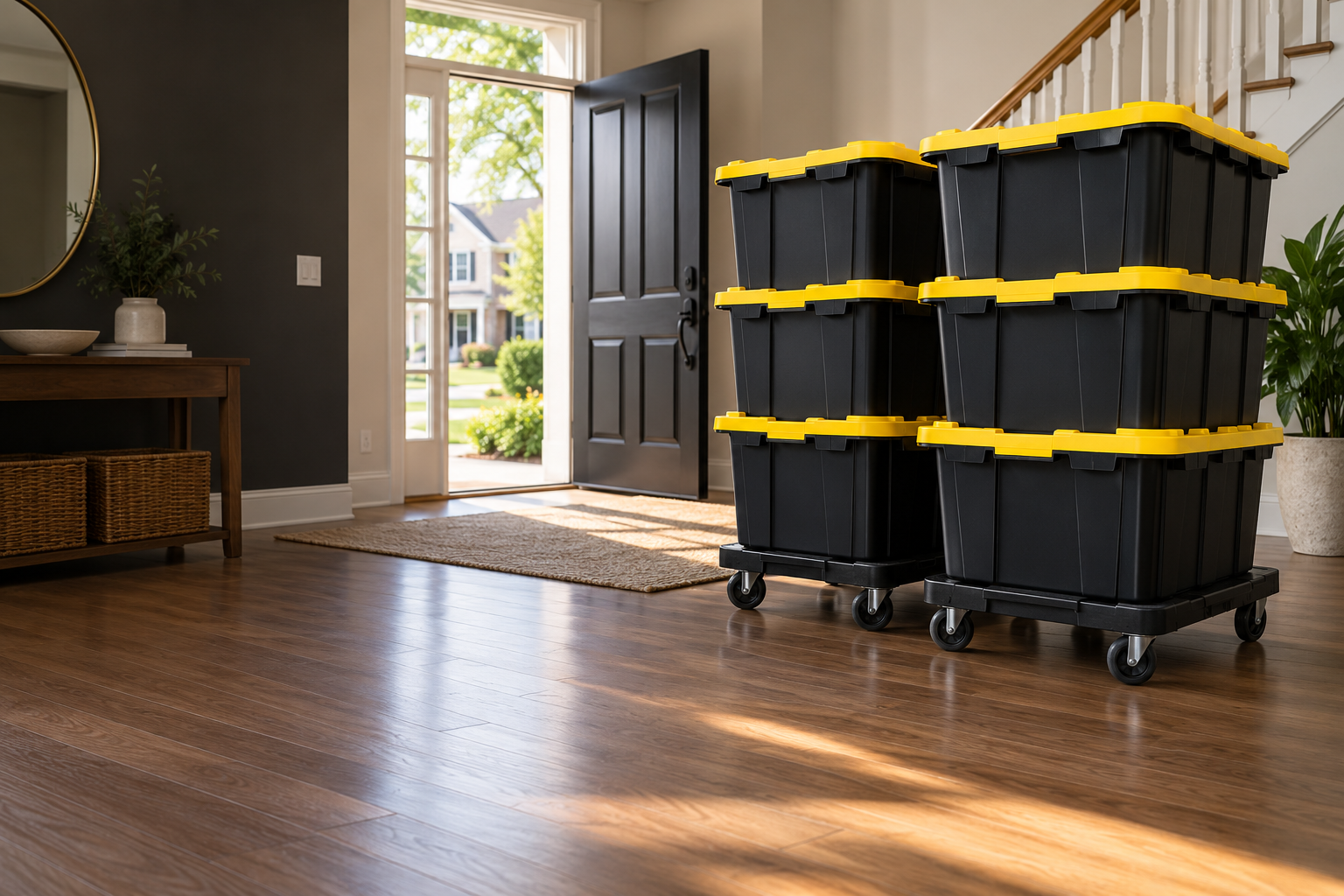 Black reusable moving bins with yellow lids stacked on dollies inside a home